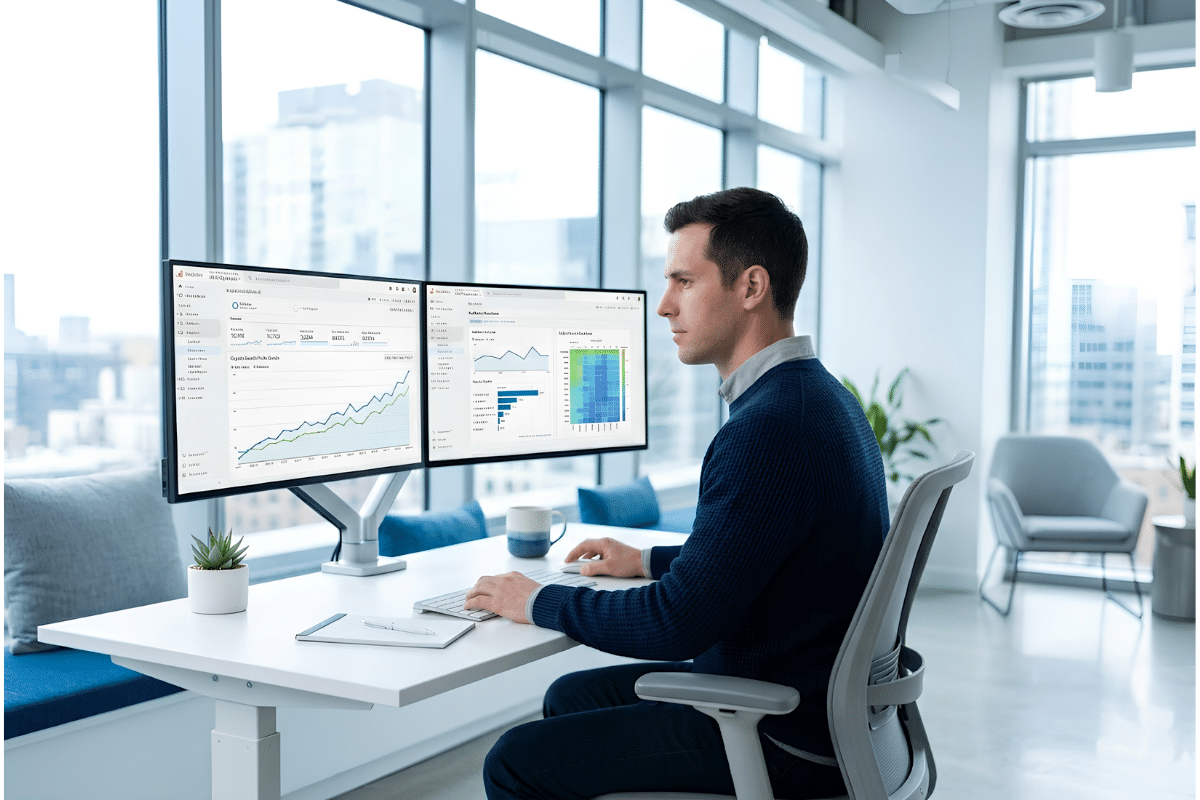 SEO specialist reviewing organic search performance and keyword rankings on dual monitor setup